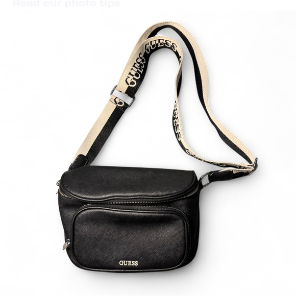 Guess Black Leather Fanny Pack Bag with Canvas Strap - Picture 1 of 8